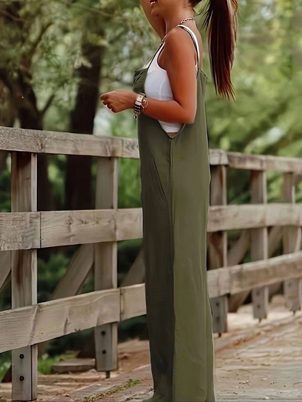 NEW Lightweight Boho Army Green Wide Leg Jumpsuit Adj Skinny Straps Pockets MED - Picture 8 of 13